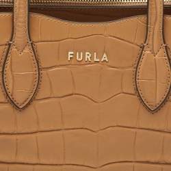 Furla Tan Croc Embossed Leather Tote