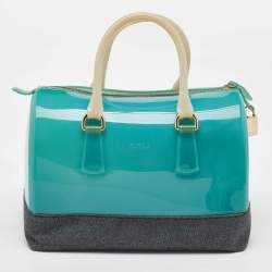 Pre Owned Furla Teal Blue/Black Rubber and Denim Candy Bag