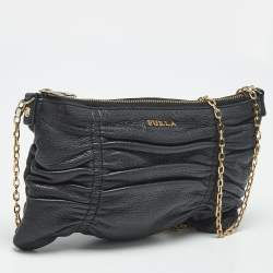 Pre Owned Furla Black Gathered Leather Chain Crossbody Bag