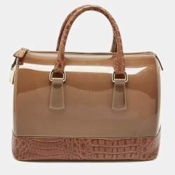 Pre Owned Furla Brown Rubber and Croc Embossed Leather Medium Candy Satchel
