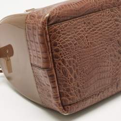 Pre Owned Furla Brown Rubber and Croc Embossed Leather Medium Candy Satchel
