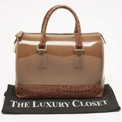 Pre Owned Furla Brown Rubber and Croc Embossed Leather Medium Candy Satchel