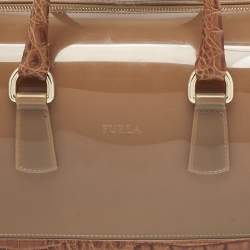 Pre Owned Furla Brown Rubber and Croc Embossed Leather Medium Candy Satchel