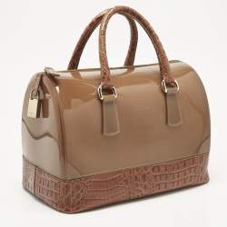Pre Owned Furla Brown Rubber and Croc Embossed Leather Medium Candy Satchel