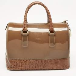 Pre Owned Furla Brown Rubber and Croc Embossed Leather Medium Candy Satchel