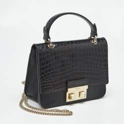 Pre Owned Furla Black Croc Embossed and Leather Mini Bella Top Handle Bag