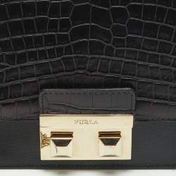 Pre Owned Furla Black Croc Embossed and Leather Mini Bella Top Handle Bag