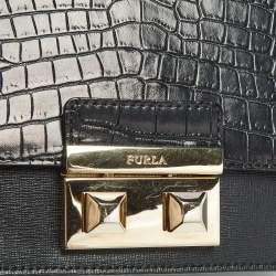 Pre Owned Furla Black Croc Embossed and Leather Mini Bella Top Handle Bag