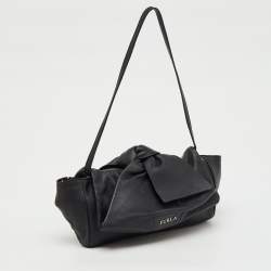 Pre Owned Furla Black Leather Knot Bow Flap Shoulder Bag