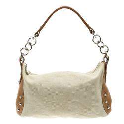 Pre Owned Furla Beige and Tan Canvas and Leather Shoulder Bag