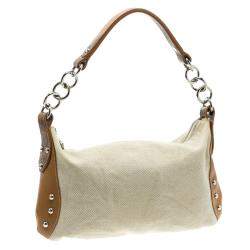 Pre Owned Furla Beige and Tan Canvas and Leather Shoulder Bag