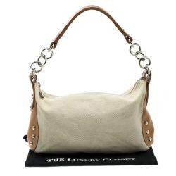 Pre Owned Furla Beige and Tan Canvas and Leather Shoulder Bag