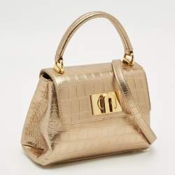 مملوكة مسبقًا Furla 1927 Gold Croc Embossed Leather Top Handle Bag