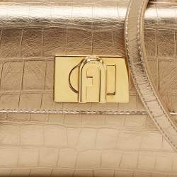 مملوكة مسبقًا Furla 1927 Gold Croc Embossed Leather Top Handle Bag