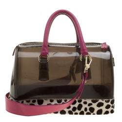 Pre Owned حقيبة فورلا كاندي تفاصيل فهد جلد ومطاط لامعة رمادية/ سوداء