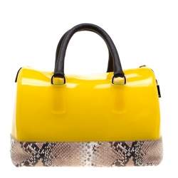 Pre Owned Furla Yellow/Beige Rubber and Python Embossed Candy Satchel