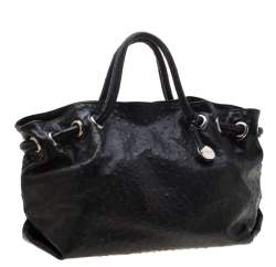 Pre Owned Furla Black Ostrich Embossed Leather Carmen Satchel