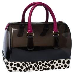 Pre Owned Furla Black/Fuchsia Rubber and Leather Leopard Detailed Candy Satchel