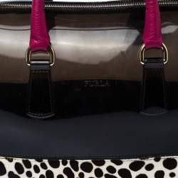 Pre Owned Furla Black/Fuchsia Rubber and Leather Leopard Detailed Candy Satchel