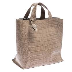 Pre Owned Furla Beige Croc Embossed Leather Divide It Tote