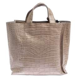 Pre Owned Furla Beige Croc Embossed Leather Divide It Tote