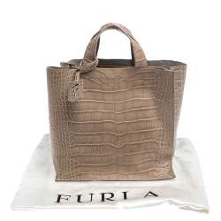 Pre Owned Furla Beige Croc Embossed Leather Divide It Tote