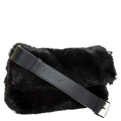 Pre Owned Furla Black Faux Fur Caos Shoulder Bag