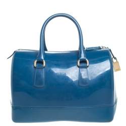 Pre Owned Furla Blue Rubber Candy Satchel with Charm
