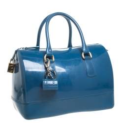 Pre Owned Furla Blue Rubber Candy Satchel with Charm