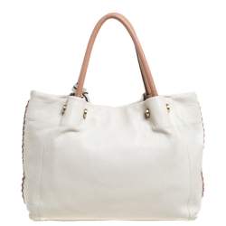 Pre Owned Furla Off White Leather Braided Side Medium Tote