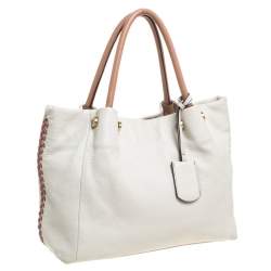 Pre Owned Furla Off White Leather Braided Side Medium Tote