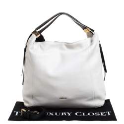 Pre Owned Furla Off White/Black Leather Elizabeth Zip Hobo