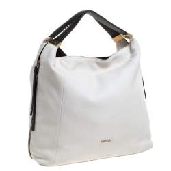 Pre Owned Furla Off White/Black Leather Elizabeth Zip Hobo