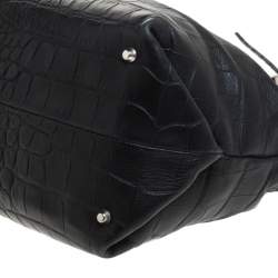 Pre Owned Furla Black Crocodile Embossed Leather Medium Tassel Tote