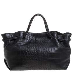 Pre Owned Furla Black Crocodile Embossed Leather Medium Tassel Tote