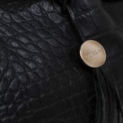 Pre Owned Furla Black Crocodile Embossed Leather Medium Tassel Tote