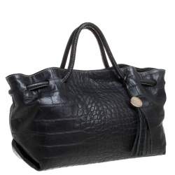 Pre Owned Furla Black Crocodile Embossed Leather Medium Tassel Tote