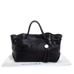 Pre Owned Furla Black Crocodile Embossed Leather Medium Tassel Tote