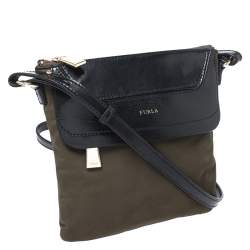 Pre Owned Furla Military Green Nylon and Leather Pop S Bandoliera Bag