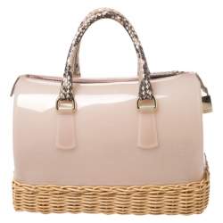 Pre Owned Furla Pink/Beige Glossy Rubber and Rattan Candy Satchel Bag