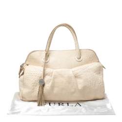 Pre Owned Furla Cream Croc Embossed Leather Tassel Satchel