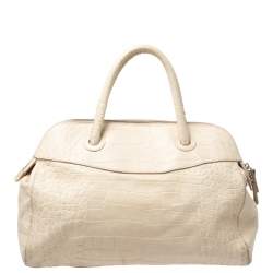 Pre Owned Furla Cream Croc Embossed Leather Tassel Satchel