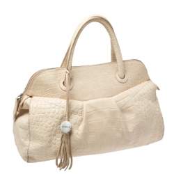 Pre Owned Furla Cream Croc Embossed Leather Tassel Satchel