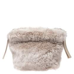 Pre Owned Furla Beige Faux Fur Drawstring Crossbody Bag