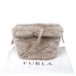 Pre Owned Furla Beige Faux Fur Drawstring Crossbody Bag