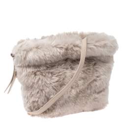 Pre Owned Furla Beige Faux Fur Drawstring Crossbody Bag