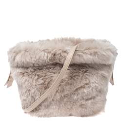 Pre Owned Furla Beige Faux Fur Drawstring Crossbody Bag