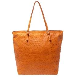 Pre Owned Furla Orange Ostrich Embossed Leather Shopper Tote