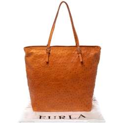 Pre Owned Furla Orange Ostrich Embossed Leather Shopper Tote