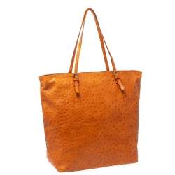 Pre Owned Furla Orange Ostrich Embossed Leather Shopper Tote